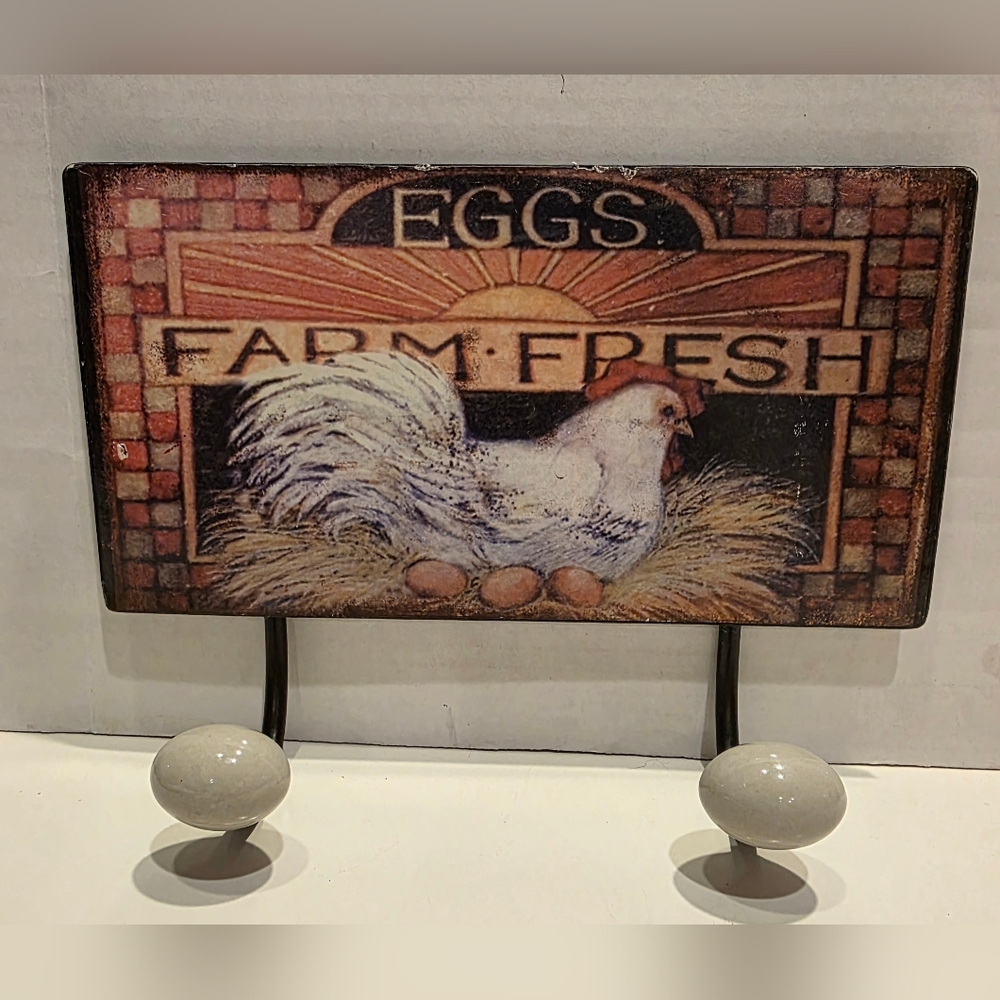 Vintage Style " Farm Fresh Eggs" Wall Plaque w/ Egg Shaped Integrated Hooks